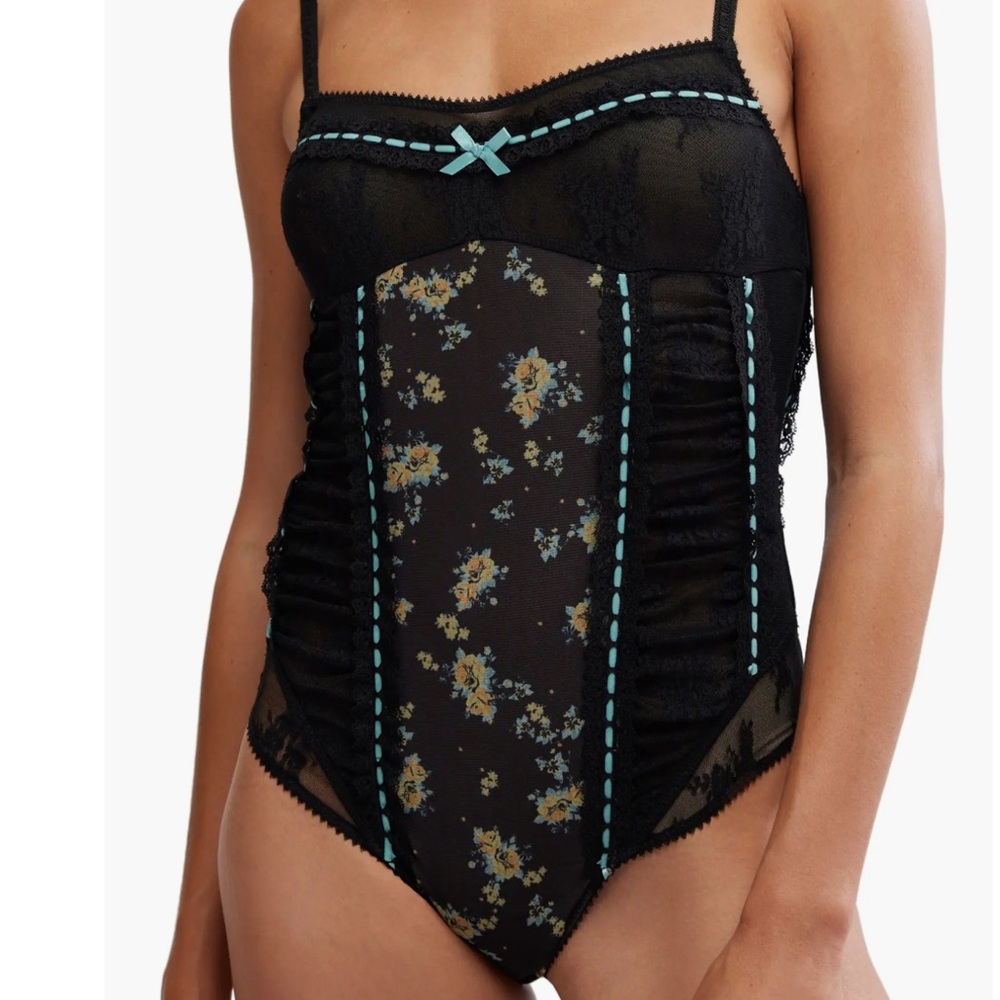 Free People Black Lace Corset Bodysuit with Blue Floral Print Design